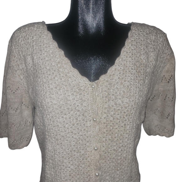 Beige Colored Crochet Button Front Short Sleeve Sweater L - Picture 1 of 7